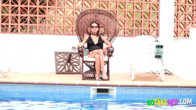 Small-Titted Brunette Amateur Blowjob by the Pool