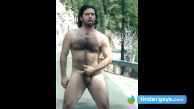 Hairy Man Masturbating Outdoors by the Road